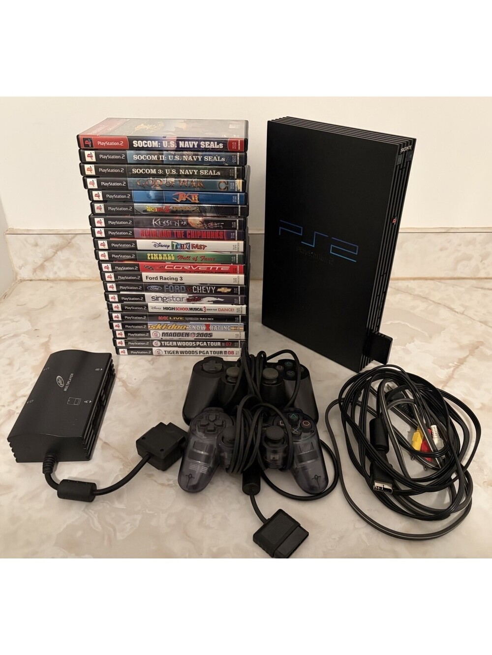 Sony PlayStation 2 Bundle (Console, 20 PS2 Games, Controllers, Multitap) TESTED